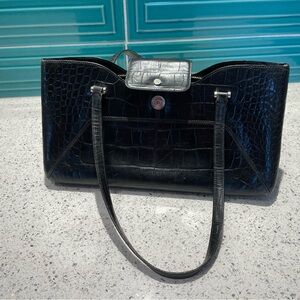 Monsac Black Crocodile-Embossed Shoulder Bag